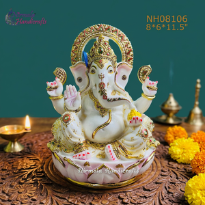 Culture Marble Ganesh on Lotus <b>Statue</b> | Decorative Lord Ganesha Idol for Home Temple & Gift Decor - Product Image 1