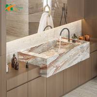 Meuble-lavabo mural en marbre sculpté à la main avec double vasque MT STONE pour salle de bain et toilettes - Plan de travail en marbre