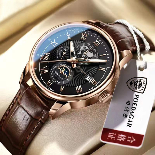 POEDAGAR 908 Simple Round Roman Scale Time Watches Men's Fashion Business Design Watch Luxury Leather Strap Quartz Wristwatch