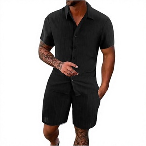 Ensemble 2 pièces d'été pour homme, chemise et short, couleur unie, tenue de plage, boutonnée, 100% coton et lin français, personnalisable avec logo OEM - Product Image 5