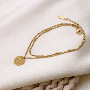 French Style Stainless Steel Engraved <b>Bracelet</b> Gold Double Layer Chain For Women Gift Jewelry - Product Image 3