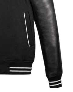 Veste universitaire pour homme de qualité assurée, corps en laine noire, manches en cuir noir, col à rayures blanches, veste bomber universitaire à vendre - Product Image 6