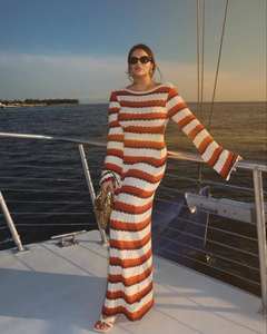 Vestido de Punto de Verano para Mujer, Estilo Informal, Espalda Descubierta, Algodón, Rayas, Aberturas, Mangas Farol, Cuello Redondo, Estilo Vacacional - Product Image 6