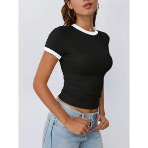 2025 2025 Y2K Top corto para mujer Top CORTO BÁSICO con cuello redondo y bloque de color Slim Fit manga corta lindo y para el verano - Product Image 4