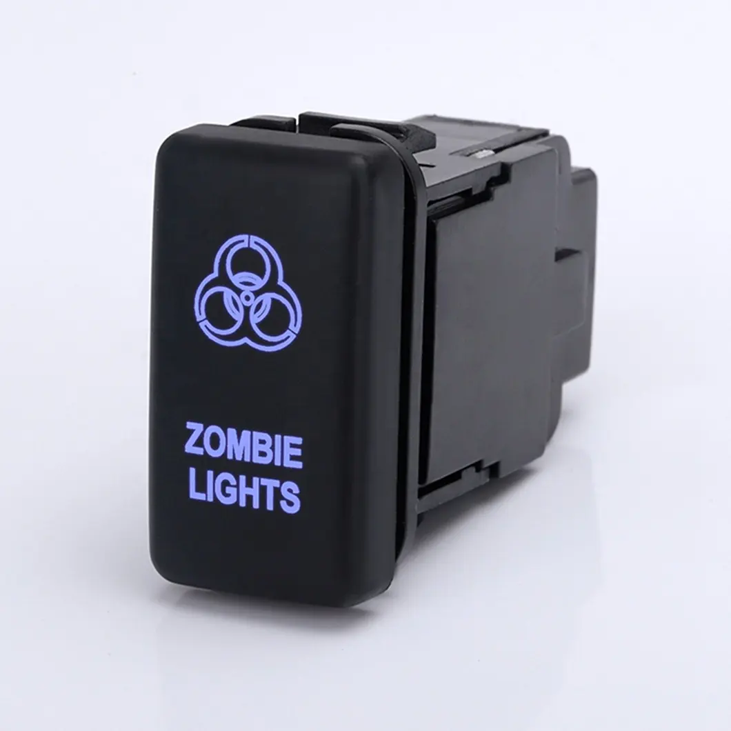 12V Blue LED Car Auto On-off 5 Pins Laser Etched Push Button Switch With ZOMBIE LIGHTS Symbol For Newer Vehicles