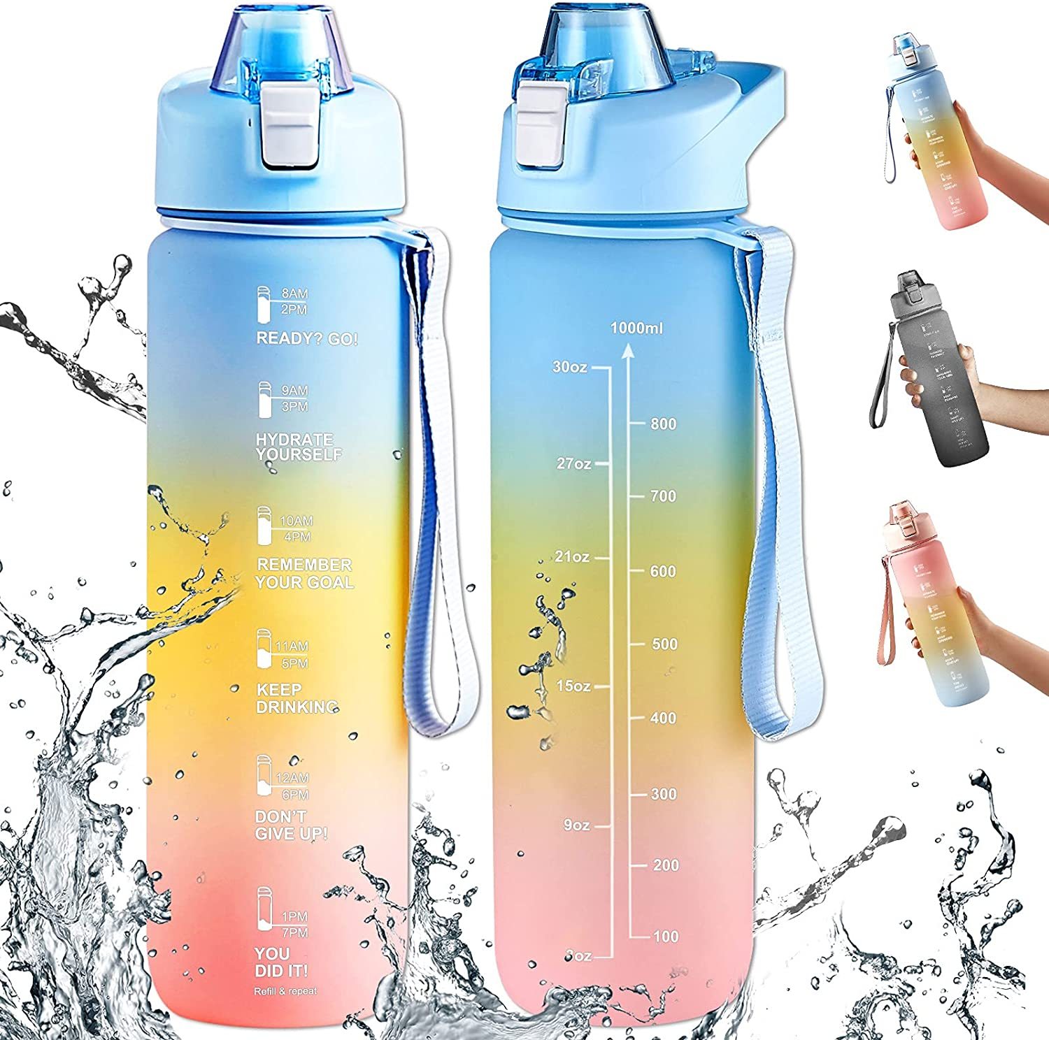 32oz Motivational Water Bottle With Time Marker & Fruit Infuser - Leakproof, BPA Free, Includes Strap