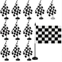 Drapeau de table miniature personnalisé / à carreaux noir et blanc avec mât et base en plastique noir