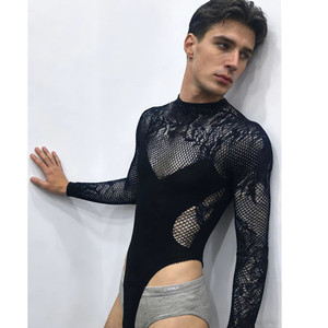 Combinaison en maille à manches longues pour homme, noire, en spandex et polyester, pour la danse sur scène - Product Image 1