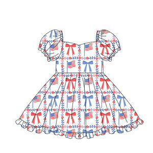 GSD3792 Vestido personalizado de verano para niña, con estampado de bandera del 4 de julio y rayas azules, hasta la rodilla, de manga corta, al por mayor - Product Image 5