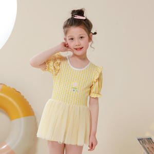 Traje de Baño de una Pieza para Niñas Baiya, Amarillo a Cuadros, Estilo Princesa, Malla Elástica, Secado Rápido, 6-10 Años - Product Image 3