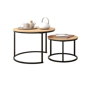 Wood Round Coffee <b>Table</b> Set Minimalist Modern Living Room <b>Small</b> Home Design Black Metal Frame Light Luxury Style - Product Image 1