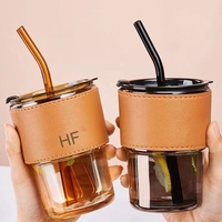Mug de voyage en verre ambré de haute qualité 13oz 400ml avec paille en cuir, impression personnalisée, résistant à la chaleur, anti-fuite, réutilisable, cadeau de mariage