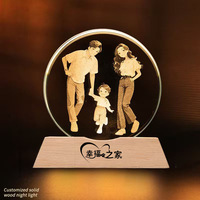 Veilleuse en cristal vierge avec base en bois, décoration de table créative en verre gravé au laser