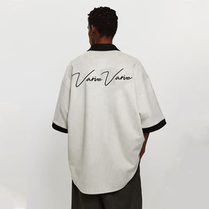 Chemise en daim à manches courtes, poids lourd, boutonnée, sur mesure pour les fabricants OEM, hommes, épaules tombantes, surdimensionnée, 100% coton, tricot à lettres - Product Image 4