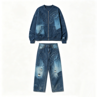 Veste zippée en jean épais délavé style vintage, effet vieilli, effet pulvérisé, streetwear, délavé soleil, avec fermeture éclair papillon et bords effilochés