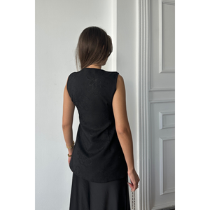 Chaleco de Lino Jacquard Ajustado a la Cintura, Negro, Top sin Mangas para Mujer, Talla S - Product Image 1