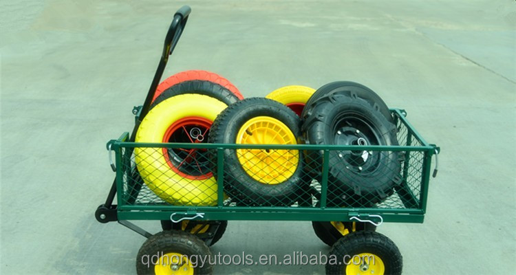Heavy Duty Cast Iron Garden Wagon Cart 3.50-4 Pneumatic Foldable Hand Trolley Four-Wheel Platform Mesh Tools OEM 250kg Load