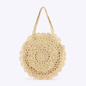 Sac de plage pour femme en corde de papier tressée, fait main au crochet, à épaule simple, avec deux fleurs, fermeture éclair en polyester, Tanjing - Product Image 6