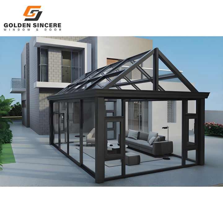 Custom Modern Design Glass Aluminum Sunroom Slant Roof Soundproof Sliding Open Style Waterproof Feature Villa House