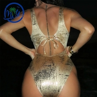 Maillot de bain une pièce brillant effet métallique, décolleté plongeant en V, avec anneaux, style brésilien, pour femme, Monokini OEM