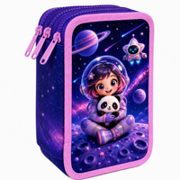 Sac à dos scolaire à roulettes personnalisé OEM pour enfants, ensemble de 3 pièces, motif panda spatial mignon, avec sac à déjeuner et trousse à crayons
