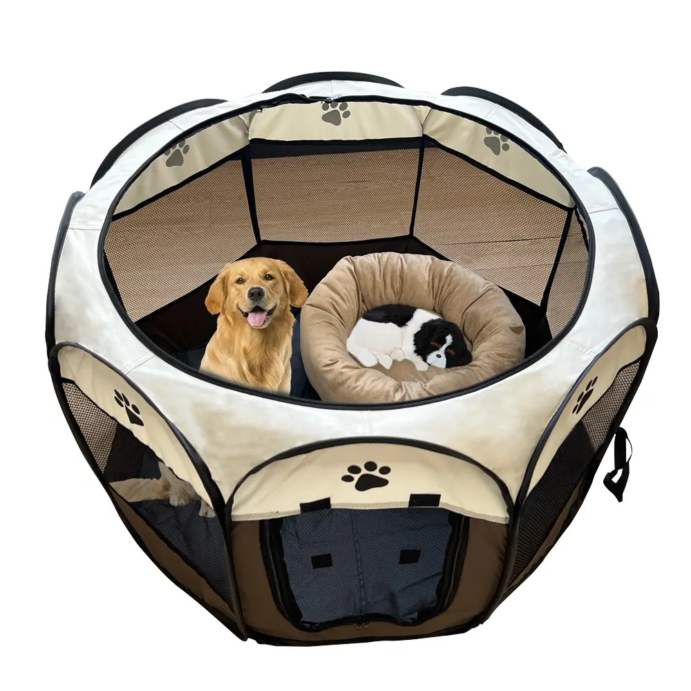 Tenda anjing kandang oktagonal hewan peliharaan, kandang anjing Oxford, Tempat tidur kucing luar ruangan, ruang pengiriman hewan peliharaan ukuran besar dapat dilipat