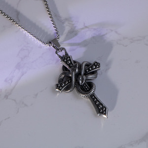 Stainless Steel <b>Cross</b> Pendant <b>With</b> Snake Design Unisex Necklace SP1053 - Product Image 2