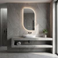 Miroir de salle de bain asymétrique éclairé à LED avec fonction de mémoire et variateur de luminosité tactile, monté au mur, de forme irrégulière