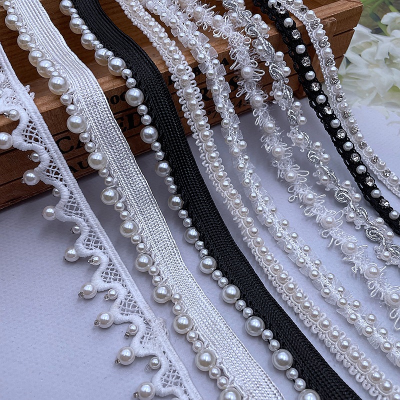 Commercio all'ingrosso perline bianche da sposa strass perle perline nappa frangia Trim tessuto di pizzo perline pizzo Trim per il vestito