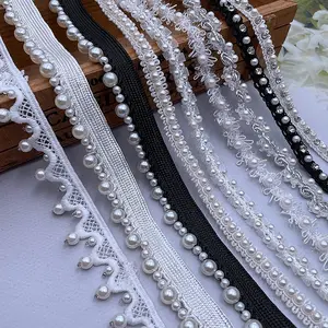 Wholesale Bridal White Beads Rhinestone Pearl Beaded Tassel Fringe Trim Lace Fabric Beaded Lace Trim For Dress