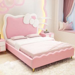 Katze Kopfteil Kinder betten Möbel Queen-Size-Einzel holzbett Hallo <span class=keywords><strong>Kitty</strong></span> Rahmen bett für Mädchen Rosa Leder - Product Image 4