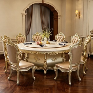 Ensemble de table à manger européenne de luxe avec plateau tournant, chaises en bois massif sculptées à la main et dorées, mobilier de salle à manger en gros - Product Image 6