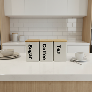 Set di 3 Barattoli da Cucina in Metallo con Coperchio in Bambù, <span class=keywords><strong>Contenitori</strong></span> Ecologici per Caffè, <span class=keywords><strong>Zucchero</strong></span> <span class=keywords><strong>e</strong></span> Tè - Product Image 1