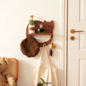 Cat Shaped Wall Mounted <b>Shelf</b> With <b>Hooks</b> For Keys Hats And Coats Entryway Storage Organizer Wooden Two Tier Design - Product Image 1