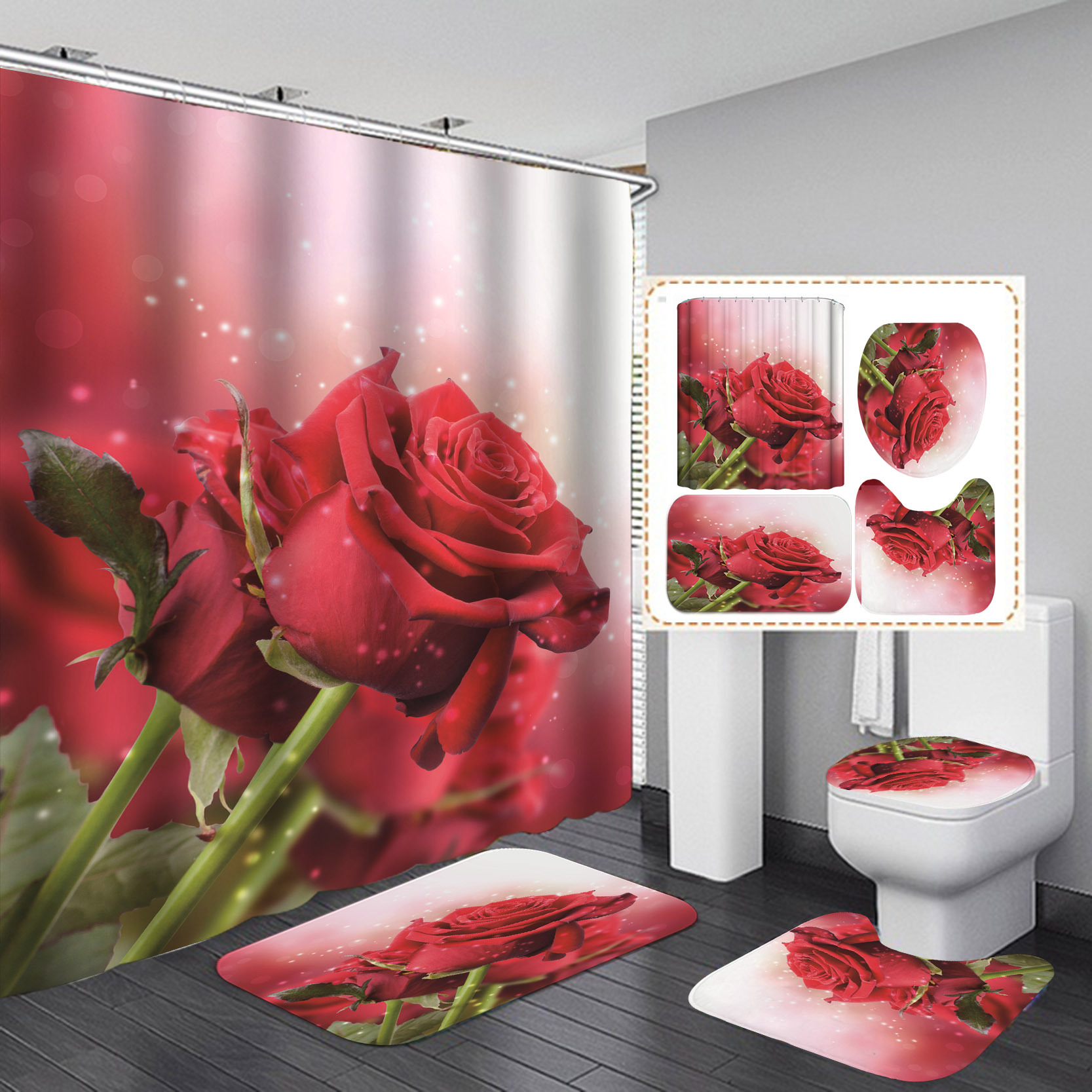 3d Digital Printing Shower Curtain Waterproof Shower Curtain Four Pieces Bathroom Shower Curtain Set