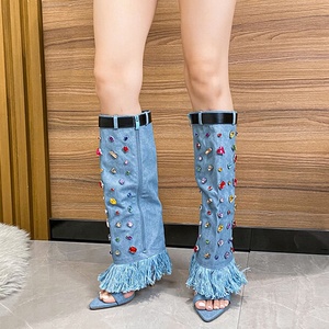 Women Colorful Diamonds Summer <b>Shoes</b> Denim High Heels Stiletto Knee High Boots Open Toe Overlay Fringes Sandals - Product Image 5