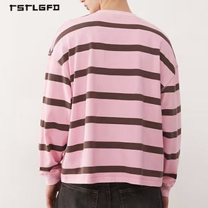 T-shirt à manches longues rayé rose en coton tricoté léger 100% avec broderie 3D, col rond, coupe oversize, style streetwear hip-hop - Product Image 2