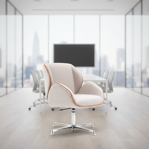 Silla de Reuniones Giratoria de Diseño Moderno Suoni, Respaldo de Cuero Sólido, Estructura de Madera, Base de Aluminio, Acabado con Ribete en Color Contrastante para Oficina - Product Image 5