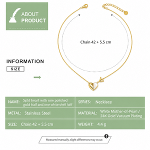 Collier Cœur Fendu en Nacre Blanche, Acier Inoxydable, Nacre Blanche, Placage sous Vide Or 24K, 42 + 5,5 cm, 4,4 g - Product Image 2