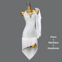Robe de danse latine pour femme avec strass, bretelles croisées au dos, drapé en mousseline, franges et ourlet irrégulier – Costume de compétition Salsa Tango