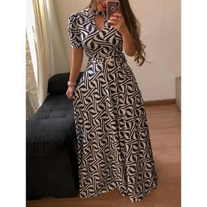 <span class=keywords><strong>Robe</strong></span> Maxi à Manches Courtes <span class=keywords><strong>Imprimée</strong></span> <span class=keywords><strong>Fluide</strong></span> et Découpée à Col Montant pour Femme, Tenue Moulante Premium Elégante, Grande Taille - Product Image 2