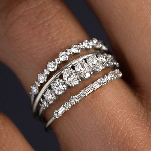 Ensemble de bagues géométriques en diamant de style européen et américain pour femmes, or platine, coupe ronde brillante, bijoux de fiançailles - Product Image 2