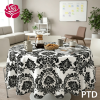 Nappe ronde en polyester et lin imprimé damassé noir et blanc HuaLai pour la décoration de la maison, des banquets et des fêtes, résistante aux plis, vente en gros
