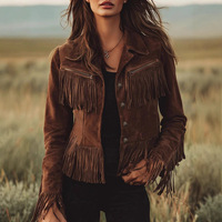 Veste en daim personnalisable pour femme, marron, franges rétro, cuir PU, marque privée, sur commande