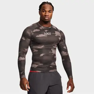 custom logo Dual-layer 4-way stretch Men's Compression Camo Printed Crew neck warmer muscle compression shirts rashguard