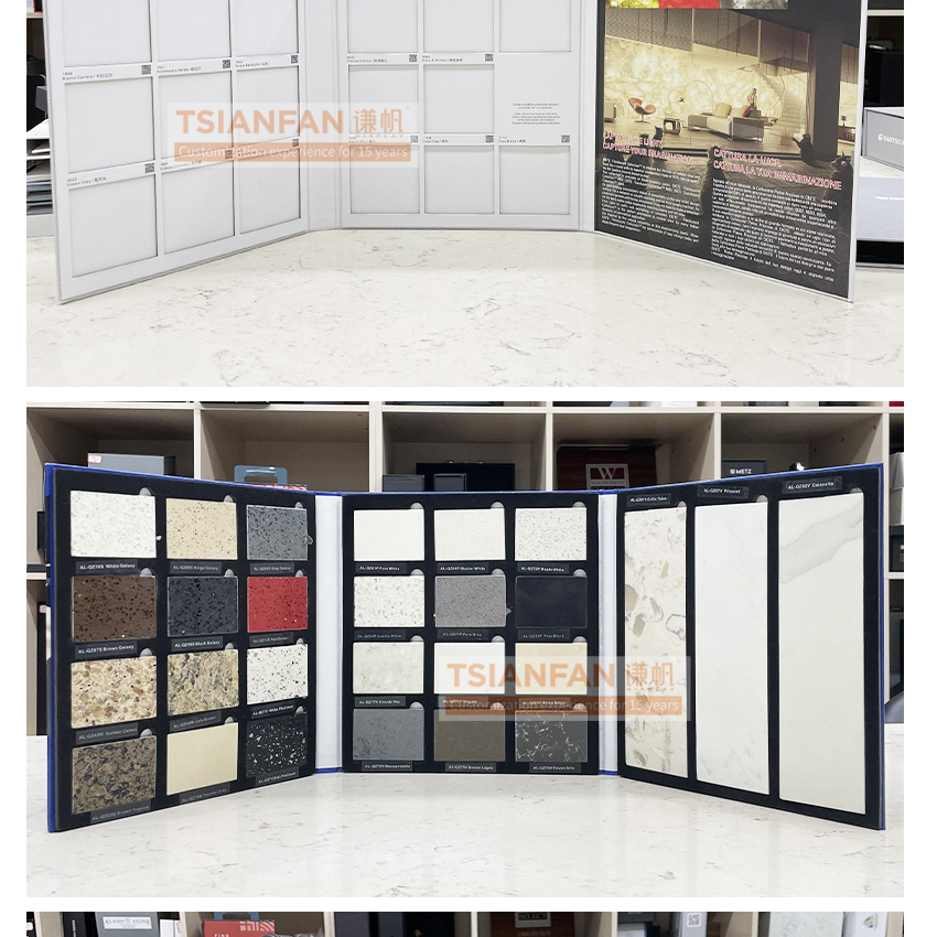 High Quality small size wooden floor page turn marble glass artificial stones quartz display catalog carpet sample book