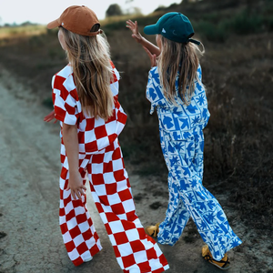 Set di Abbigliamento per Ragazze con Stampa Personalizzata a Quadri <span class=keywords><strong>Rossi</strong></span> e Bianchi, <span class=keywords><strong>Pantaloni</strong></span> Comodi a Gamba Larga e Top Corto a Maniche Corte - Product Image 2