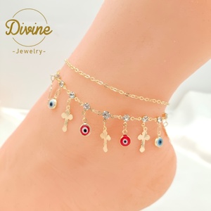 थोक हॉट सेलिंग डबल लेयर एडजस्टेबल आंख एंकलेट पीतल मिश्र धातु 14k कुंवारी क्रॉस - Product Image 3