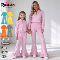 Tenues assorties Maman et Moi : Sweat-shirt à manches longues et demi-zip, pantalon évasé à volants, ensemble 2 pièces, survêtement familial assorti