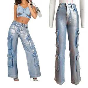2024 High Waist Stretch Denim Long Pants Women's Jeans Silver Big Pockets Casual Cargo Denim Jeans For Women